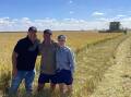 Rice harvest - Julian Zanatta, Sunrice director and chairman rice grower services with Robert and April Andreazza, Farm 1996, Willbriggie, 2023 Sunrice Ricegrower of the Year.