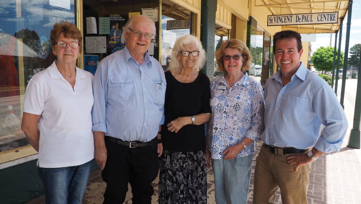 FUNDING CELEBRATION: Bathurst MP Paul Toole with members of the St Vincent
de Paul Society: Sharon Christian, Denis Kelly, Joan Miller and Christine O’Mahony. Picture: SUPPLIED. 