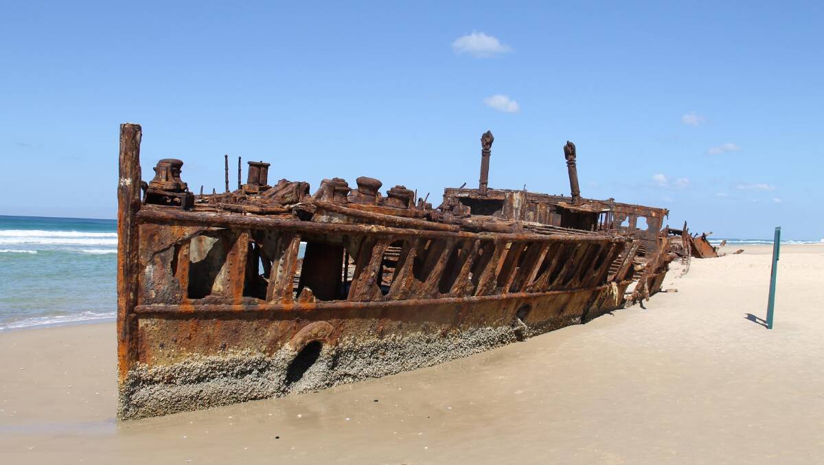 The wreck of the Maheno … beached on Fraser Island during a cyclone. 