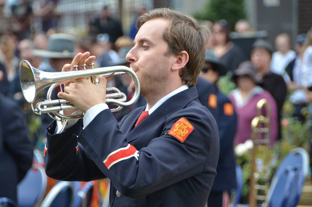 LAST POST: A bugler from the Lithgow City Band plays at the ANZAC Day service in Queen Elizabeth Park.  Picture: Jeff Geddes