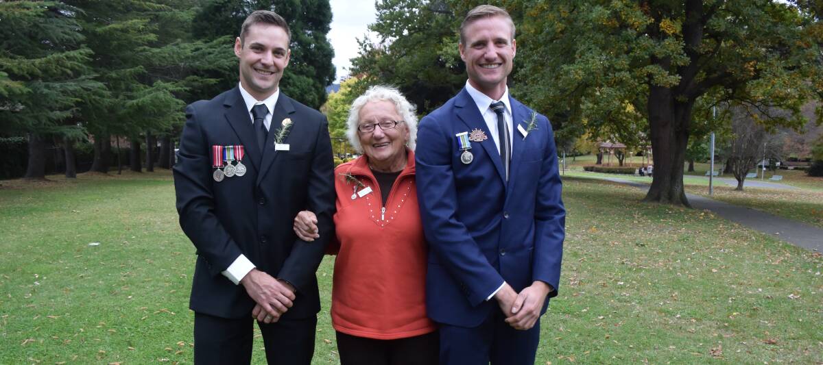 HIS MEDALS: Grandsons of ex-serviceman James Lothian, Tim and Nick Wadell, and his wife Betty commemorated Mr Lothian's service. Mr Lothian passed away last year. "It was the first Anzac Day he was not with us."