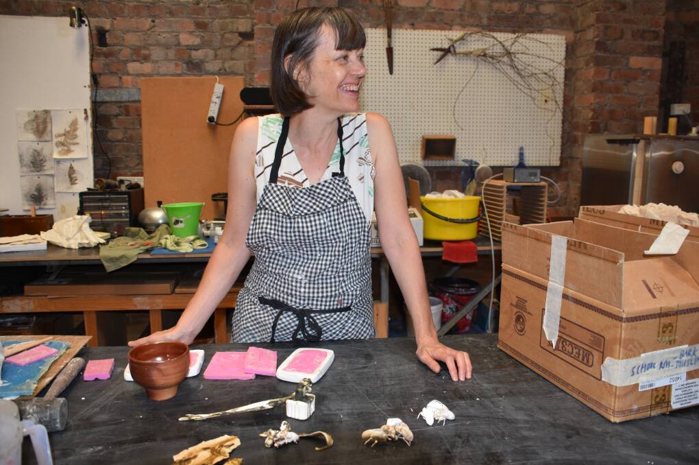 NATURE ART: Jacqueline Spedding with some of her ceramics in her studio at the pottery. Picture: PHOEBE MOLONEY. 