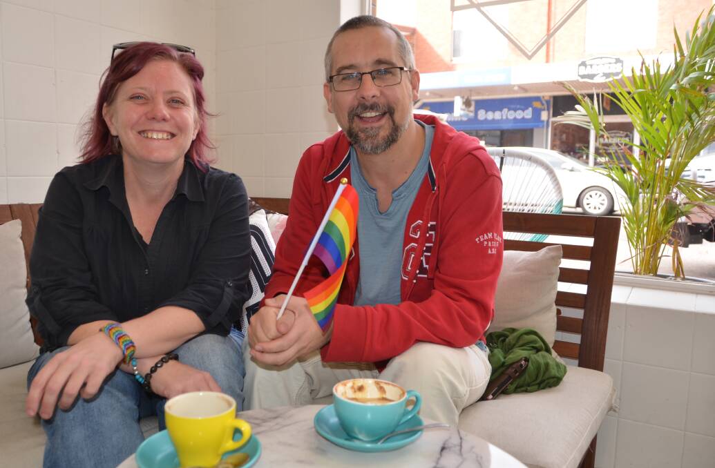 WAVING THE RAINBOW FLAG: Ali Kim has organised Lithgow's first ever celebration of International Day against Homophobia and Transphobia and started the Rainbow Lithgow group. Photographed with group member Rowan Fox. 