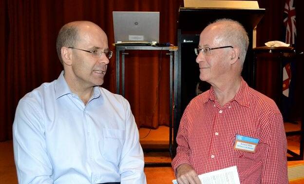 ASSISTED DYING ADVOCATE: Richard Mills and professor of law George Williams at a Dying with Dignity event. Picture: SUPPLIED. 