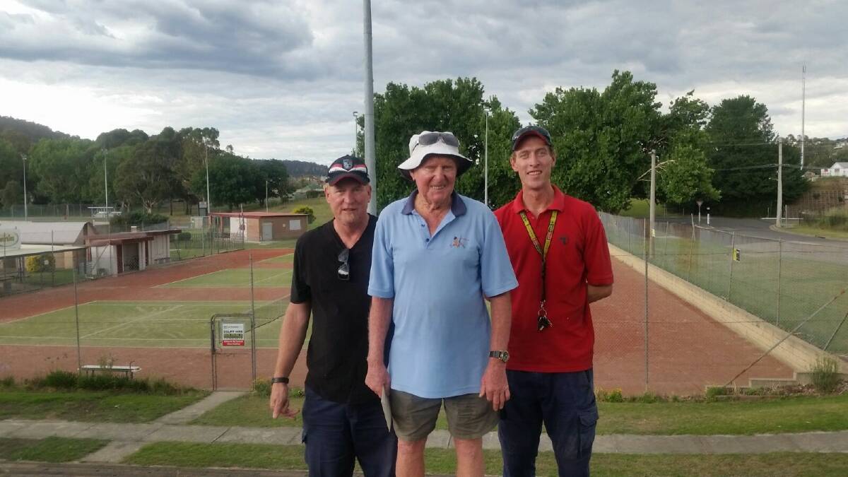 CHANGING OF THE GUARD: Court caretakers Bruce Shadbolt, Kevin Thomas and Sam Shadbolt at Lithgow tennis courts. Picture: SUPPLIED. 