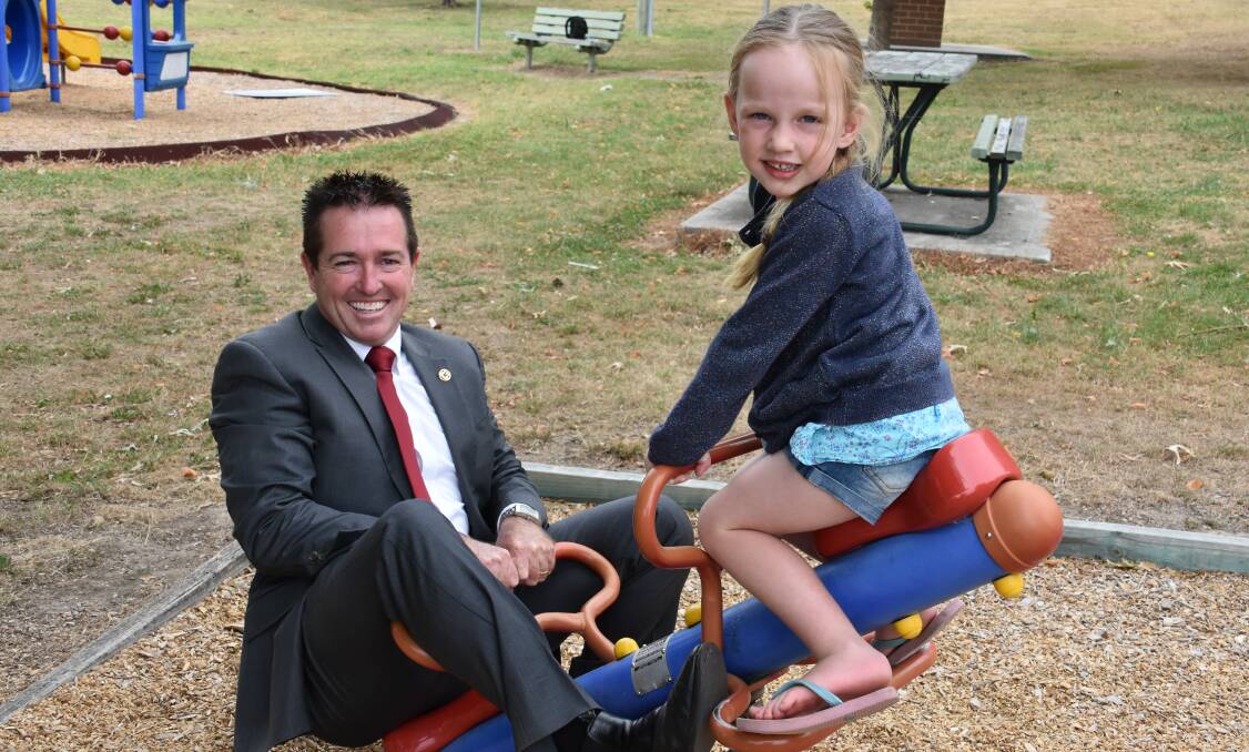 PLAYGROUND: MP Paul Toole and Hannah Garvey. Picture: PHOEBE MOLONEY. 