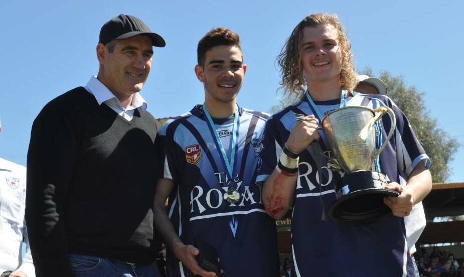 BLUES BROTHERS: St George Illawarra Dragons under-20 winger, Tony Pellow (centre) pictured with Glen Maxwell (right) and Andrew Farrer after the 2014 Group 10 under-18 grand final. Photo: NICK McGRATH
