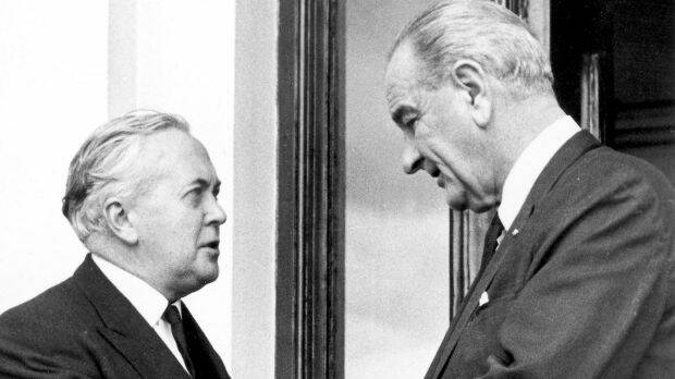 British Prime Minister Harold Wilson meets American President Lyndon B. Johnson at Government House, Melbourne after the memorial service for Harold Holt in December, 1967.

