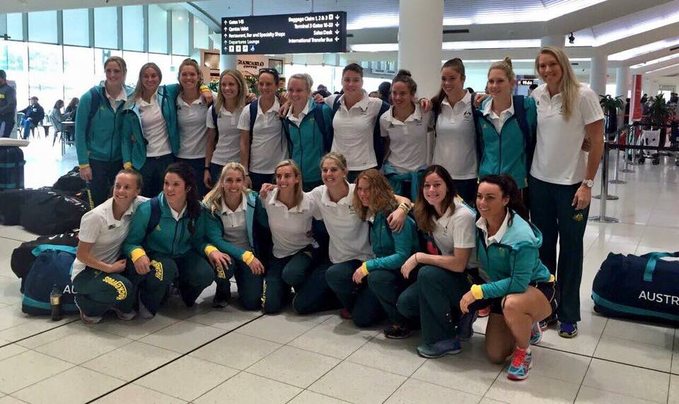 ROOVOLUTION: Bone (fourth from left, back) and her Hockeyroos before boarding their flight from Sydney to Chile last weekend. Photo: HOCKEYROOS