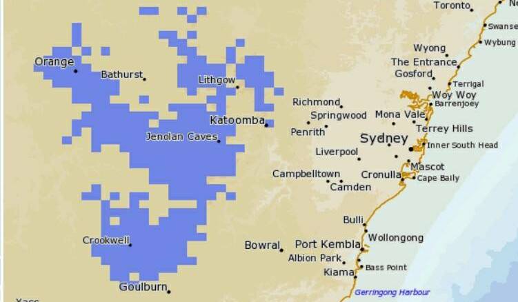 THAT'S A LOT OF BLUE: The Bureau of Meteorology's Snowsearch Australia map is predicting plenty of snow around Lithgow on Thursday.