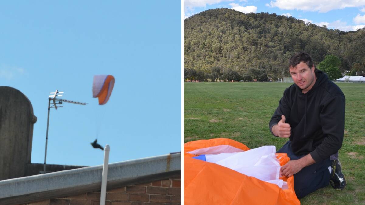 HIGH FLYER: Paraglider Jimmy Jimmy flew in the skies above Lithgow on Melbourne Cup Day before touching down at Marjorie Jackson Oval. Pictures: HOSEA LUY