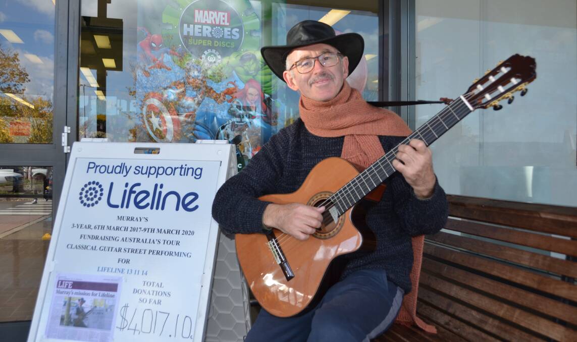 MAN ON A MISSION: Murray Mandel is touring Australia busking and raising money for Lifeline. He is performing outside Woolworths Lithgow on Wednesday and Thursday. Picture: HOSEA LUY