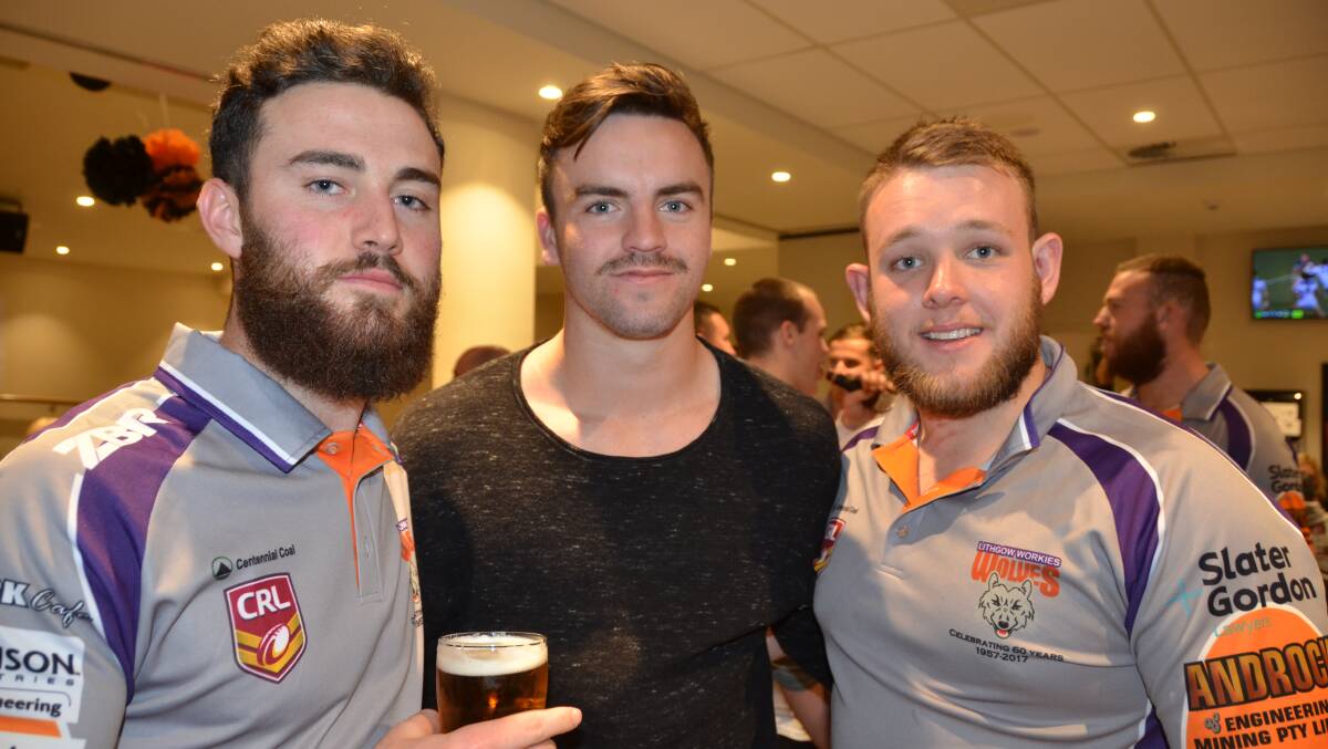 Wayde Egan (centre) alongside Eli Felton and Darcy Allan at the Lithgow Workies Rugby League Club 60th season celebrations earlier this year. Picture: HOSEA LUY