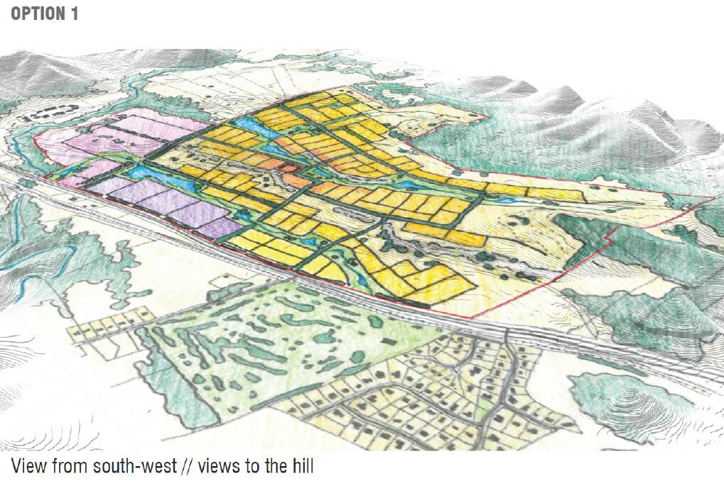 A south-west view of Marrangaroo structure plan option 1. Picture: From Structure Plan Options Workshop Presentation delivered by OCULUS (page 18). The full presentation can be found at http://council.lithgow.com/marrangaroo/