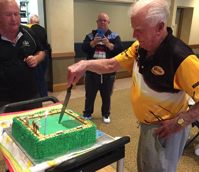 CELEBRATION: Lithgow Workies bowlers came together to mark the 90th birthday of longtime member Fred Foye on the Queen's Birthday holiday. Picture: SUPPLIED