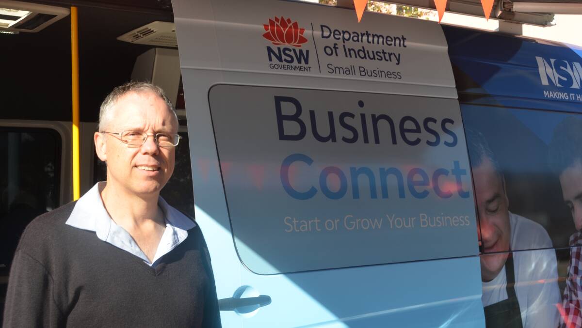 SOUND ADVICE: Business advisor Russell Meadley in front of the Business Connect Bus. The Bus will be in town until 3pm on Friday afternoon.