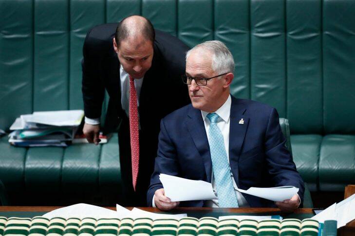 Energy Minister Josh Frydenberg and Prime Minister Malcolm Turnbull during Question Time at Parliament House in Canberra on Wednesday 18 October 2017. fedpol Photo: Alex Ellinghausen
