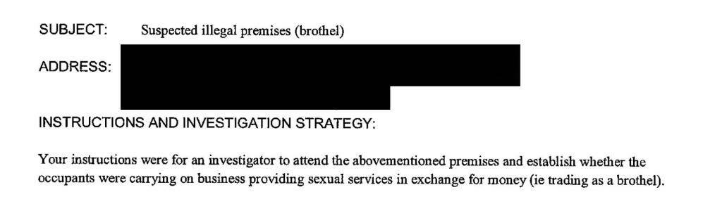 A section of an investigators report into an illegal brothel for Hornsby Council. Photo: Supplied