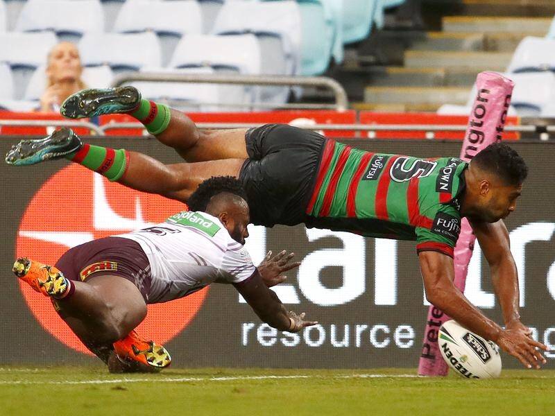 Robert Jennings scored a hat-trick of tries as South Sydney beat Manly at a rain-soaked ANZ Stadium.