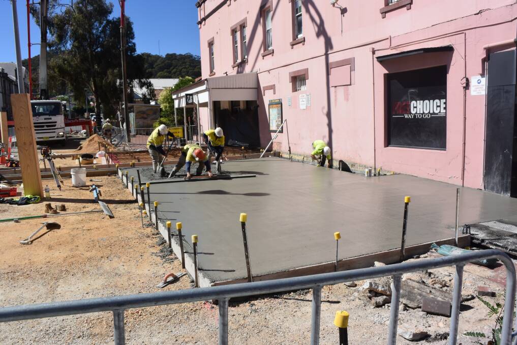WORK UPDATE: Concrete is poured at the Cook Street Plaza, Lithgow, as Main Street works continue. Picture: CIARA BASTOW. 