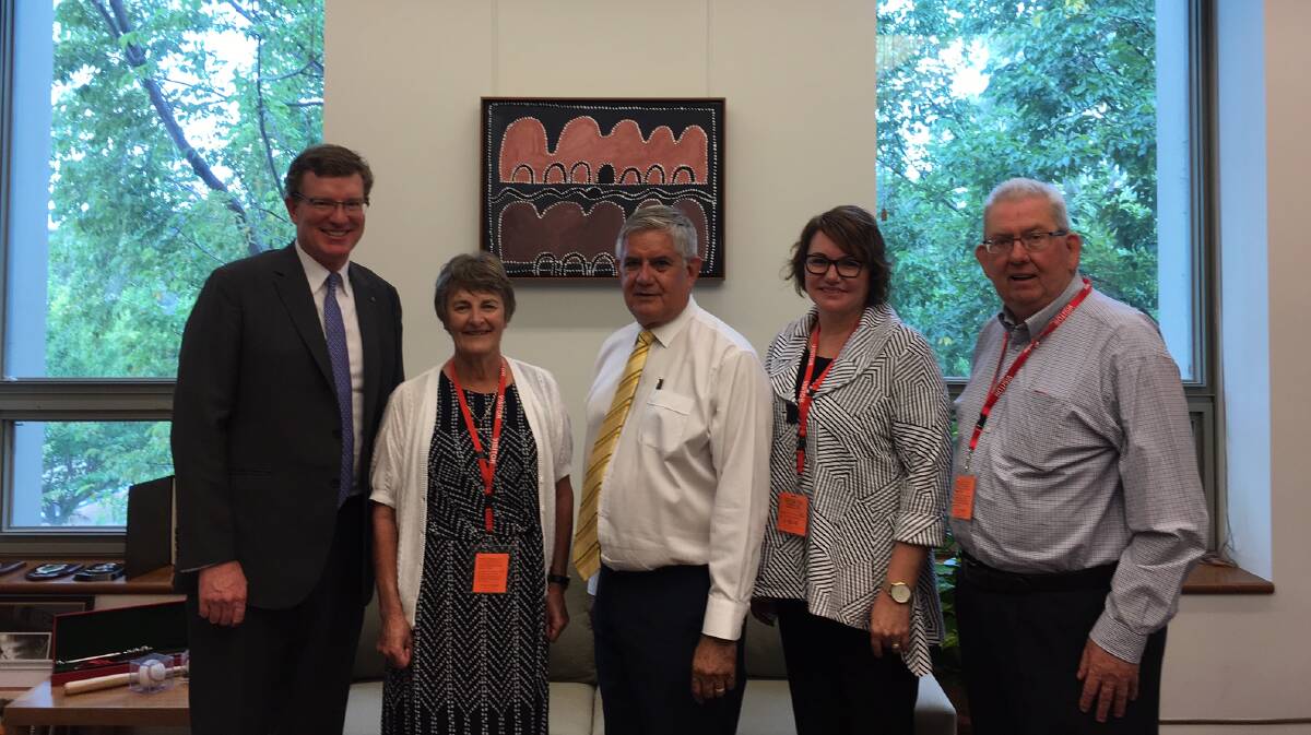SUCCESS: Calare MP Andrew Gee (left) and Minister for Aged Care Ken Wyatt (centre), with Lithgow Aged Care chairwoman Olwyn King, CEO Sharon Holt and treasurer Ross King in Canberra earlier this year.