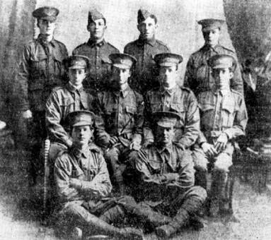 JOINING TOGETHER: Between April 16 and July 13, 1915, Jack McNeill, Archie Mullins, John Osborne, Albert Rogers, John Pendlebury, Shaw Wood, Victor Braddock, James Marsland and Leslie Annesley all presented at the military barracks in Liverpool NSW and enlisted as stretcher bearers and bandsmen. Picture: SUPPLIED.