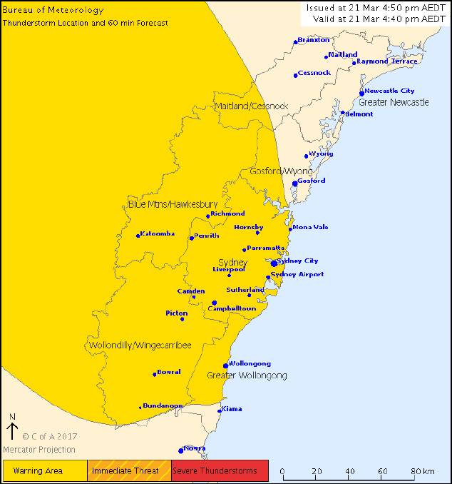 THUNDERSTORM AREA: The warnings cover a large part of NSW. Picture from the Bureau of Meteorology. 