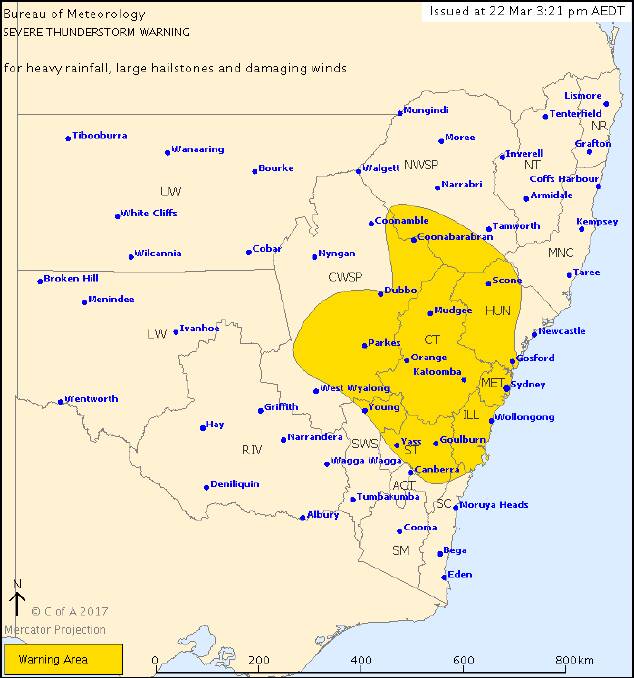 WARNING: Hailstones, winds and heavy rainfall expected. Picture: The Bureau of Meteorology. 