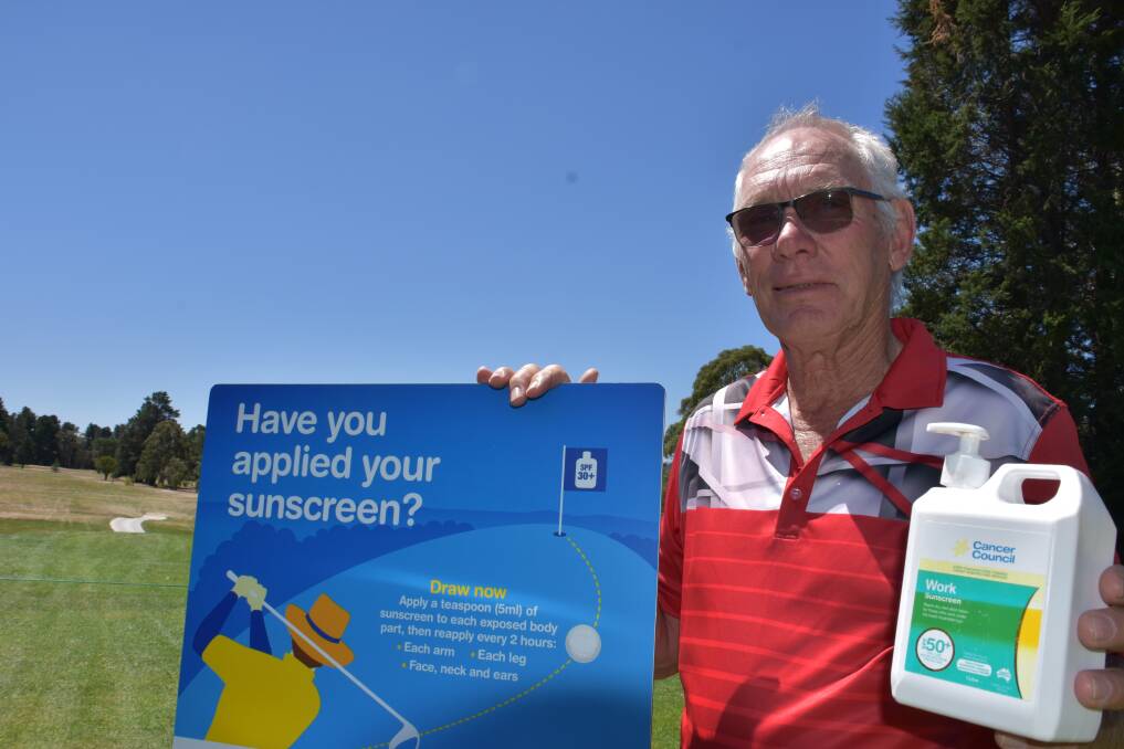 PREVENTING CANCER: Lithgow Golf Club's president Geoff Brooks at one of the tees providing a permanent sunscreen supply. Picture: KIRSTY HORTON. 