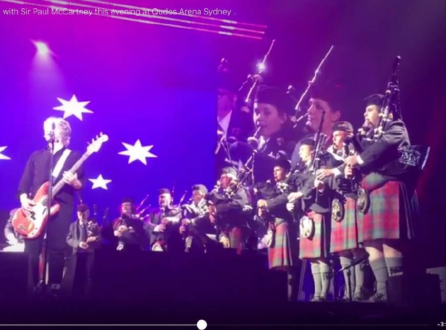 THE BIG STAGE: Lithgow drummers played as part of a Highland ensemble with Sir Paul McCartney on Monday night, December 11. Pictures: Courtesy of Barry Grey. 