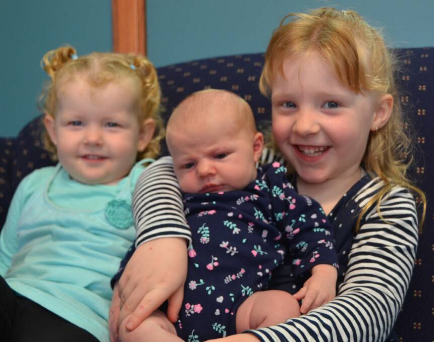 NEW ARRIVAL: Bonnie Jane Morris with her big sisters Evie, 2, and Zoe, 4. Picture: KIRSTY HORTON.