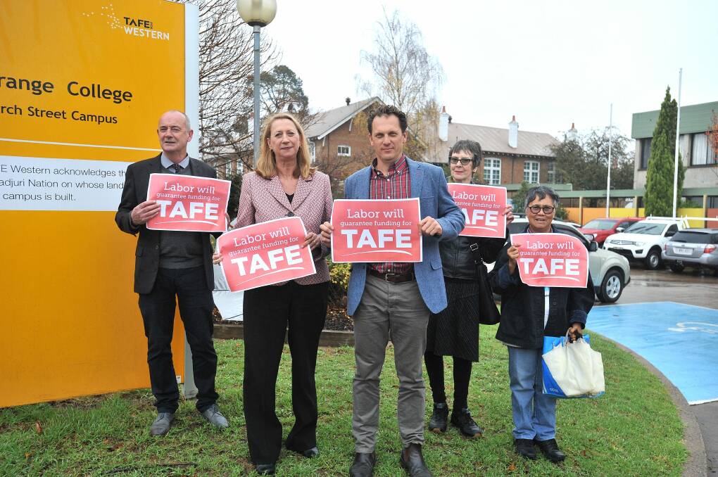 ON THE CAMPAIGN TRAIL: Vocational education opposition spokeswoman Sharon Bird and Country Labor Candidate for Calare Jess Jennings, were joined at TAFE Western Institute by supporters Bernard Fitzsimon (left) and Barbara Bentley and Candida Carino (right). Photo: STEVE GOSCH 	     0510sglabor1
