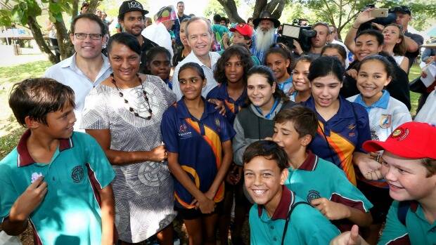 Opposition Leader Bill Shorten with Senator Nova Peris during a National Sorry Day event in Darwin on Thursday.  Photo: Alex Ellinghausen