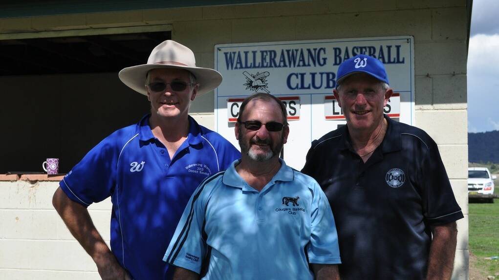 SPONSORS: Joe Smith (Wallerawang Baseball president), Steve Jackson and Des Francis from major sponsors Wallerawang Bowling Club	 lm040114ball8