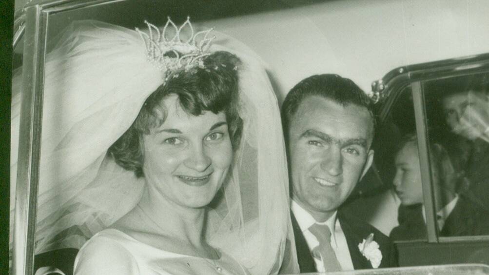 50th WEDDING ANNIVERSARY: Elaine and Kevin McMahon on their wedding day in Parramatta. 	lm101614mcmahon