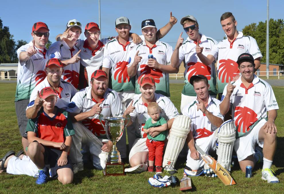 FIRST GRADE CHAMPIONS: Lidsdale Lions, back row from left, Nathan Jackson, Joel Gurney, Darren Lambert, Josh Howarth, Brett Nightingale, Ryan Gurney and Nic Bender; front, Thomas and Mitchell
Thompson, Brendan Roach (captain), Phil and Cooper Wright, Dallas Tilley and Chris Redding.