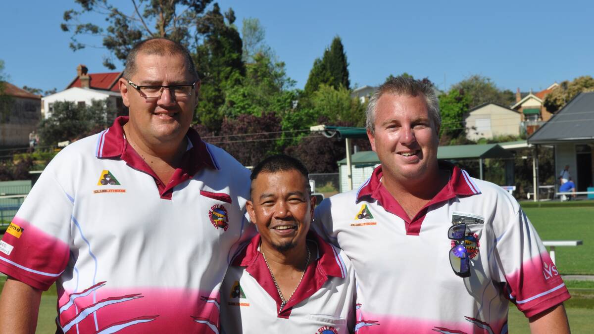 MULTIPLE TITLE HOLDERS: From left are Rick Slaven, Gil Mendoza and Adam Favell, the 2014 Lithgow
City triples champions.