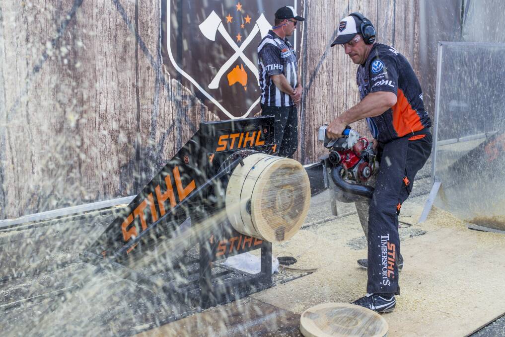 SAWING UP A STORM: Brad Delosa in action at the NSW heat of the STIHL TIMBERSPORTS® Series