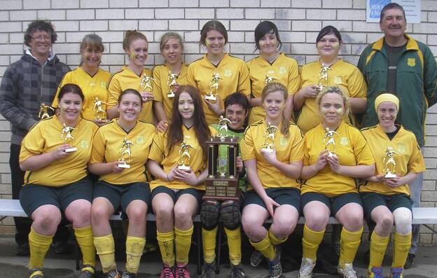 LADIES PREMIERS BLACKHEATH GOLD: Back row, manager Peter Heslop, Jan O’Neill, Renee Dowler, Stevie Coleman, Rachael Heslop, Codie Linsley, Bianca McAlister and coach Mark Linsley; front, Kerrie O’Neill, Nadine Sutcliffe, Kristie Coleman, Kirsten Stirling, Fiona O’Neill, Isabella Little and Sarah Dowler; missing Erika Watson. 
lm091414blackheathgold