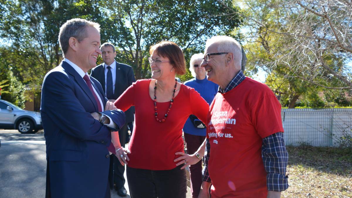 Opposition leader Bill Shorten with Labor candidate for Macquarie Susan Templeman and Labor Senator Doug Cameron outside Winmalee High School on election day, July 2.