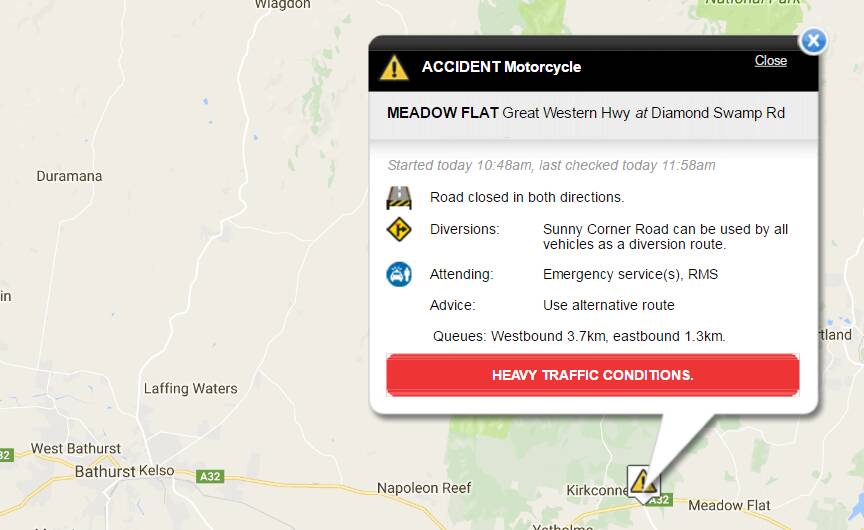 Live Traffic report of the accident on the Great Western Highway east of Bathurst.