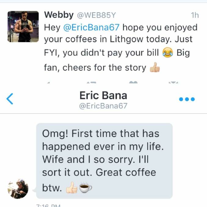 Dave Webb's exchange with Eric Bana on Twitter. PHOTO: Dave Webb.