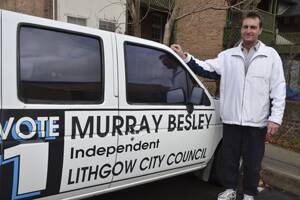 CAMPAIGNING is up and running for the coming Lithgow City Council elections and no one is more visible than Thales employee Murray Besley who has his ute carrying his message around town. He is standing as an independent.