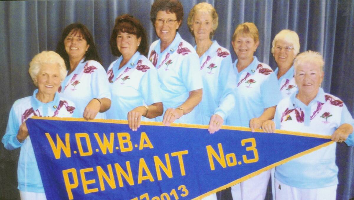 PENNANT CHAMPS: Lithgow City, from left, Fay King, Vee Brown, Kerry Bernard, Carol Lord, Pam Johnson, Cheryl Wotton, June Barnes and Ina Hunter 	 lm062813pennant
