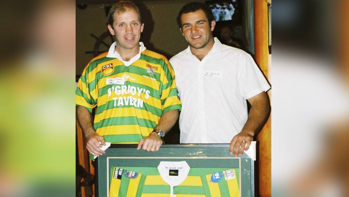 RUGBY LEAGUE ICONS: Peter Morris and Kip Maranda pictured at the Workies reunion in 2007 are players who have been in Lithgow teams for over a decade or so. 	lm112012reunion