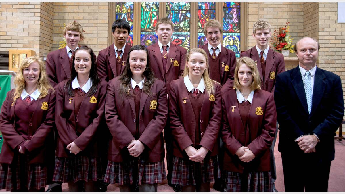 LA SALLE 2013 LEADERS: Back row, Lachlan McMahon, Hamish Kelly, Hayden Boyd-Skinner, Christopher Ford and Bradley Sullivan; front row: Rhiannon Gillmore, Brittany Fordham, Chelsea Noon, Caitlin Foley and Constance Murphy with Stage 6 coordinator Gregory Enever.