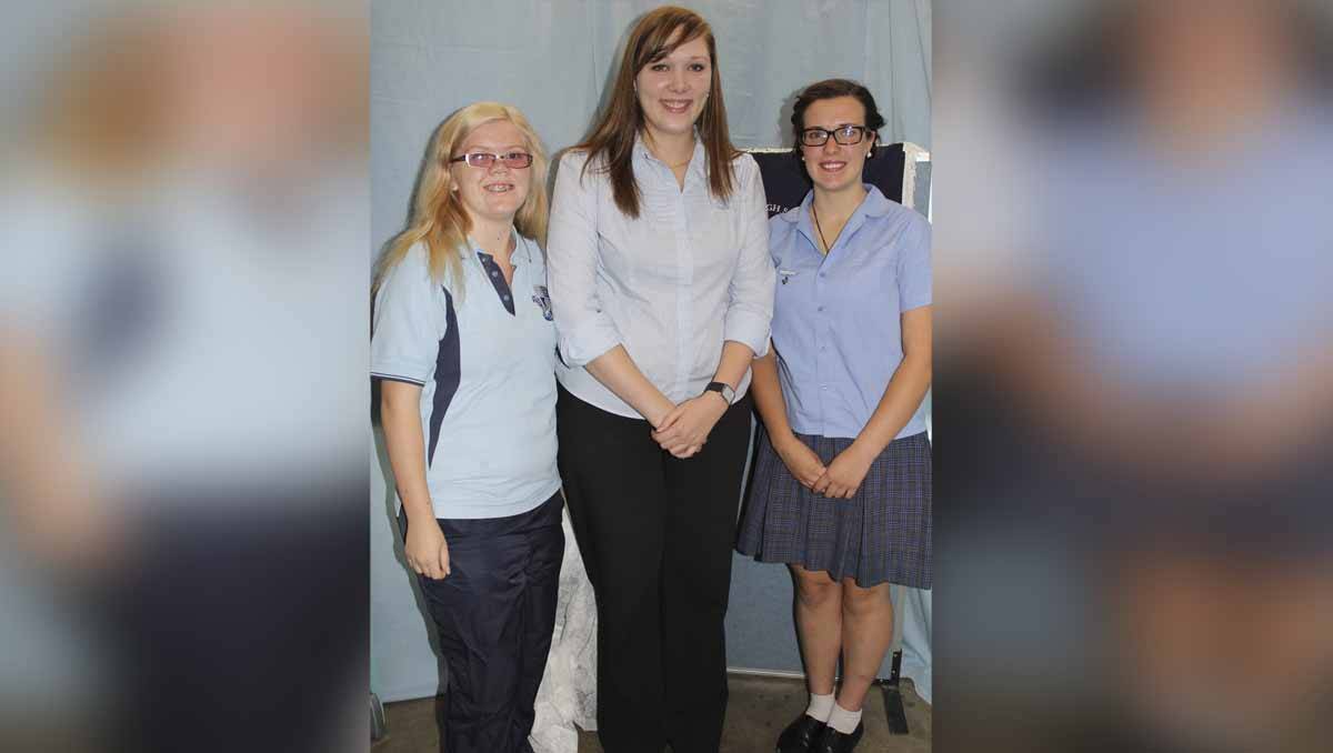 LHS- MARITIME MINING AND POWER CREDIT UNION SCHOLARSHIP: Year 10 Jaclyn Wilson and Sophie Beale presented by branch manager Sarah Kunst.