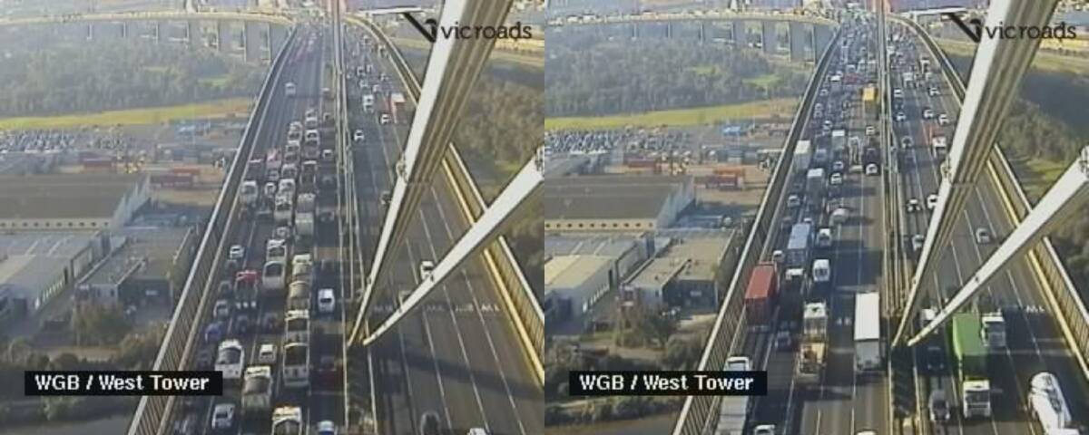 Traffic on the Westgate Bridge at 9am (left) and 9:45am (right). Photo: VicRoads
