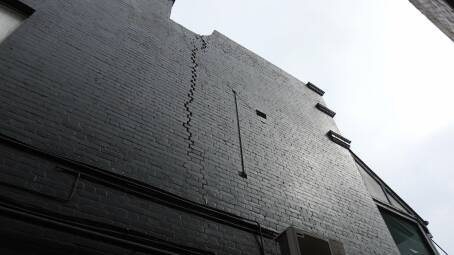 The crack in the side of the Tattersalls building. Photo: Stuart Charlton