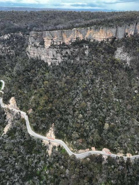 An Aerial view of the landslip at Wolgan Gap Road. Picture supplied by Wolgan Valley Association. 